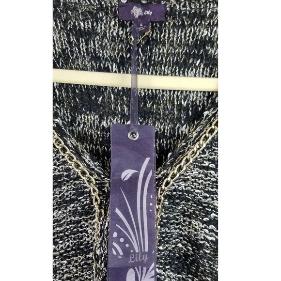 Lily Heathered Gray Knit Front Polckets Gold Chain Detail Cardigan Jacket L NWT - Picture 4 of 6